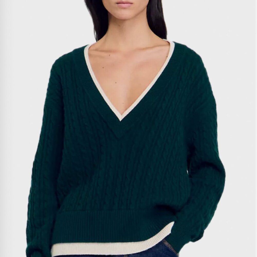 NWT Sandro Layered effect Oversized Green Cream Sweater XL (4) (Size 14 16)